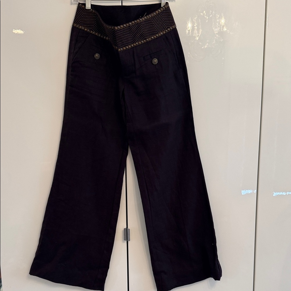 Anthropologie Idra Plum Wide Leg Pants with Embroidered Waistband 100% Linen